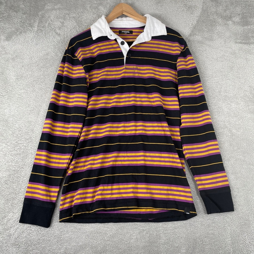 RSQ Rugby Shirt Mens Small Black Purple Gold Striped Preppy Skater Collegiate